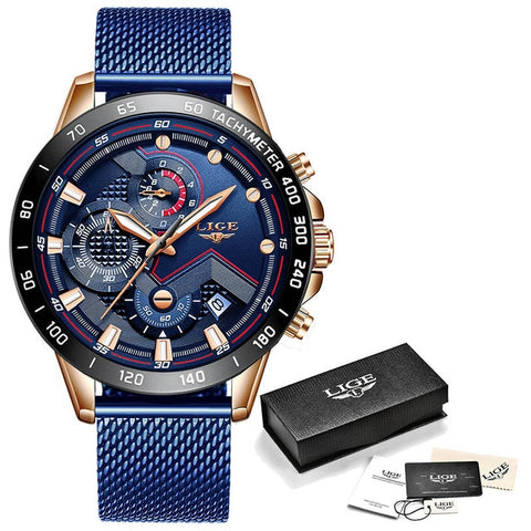 2019 New LIGE Blue Fashion Gold Mens Watches